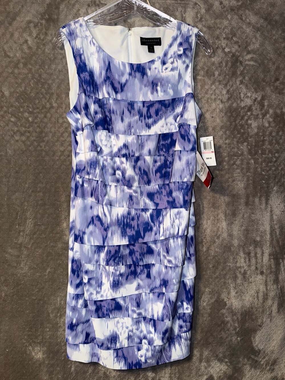 Connected Apparel Lavender Blue Abstract Print Layered Ruffle Dress Size 10 NWT